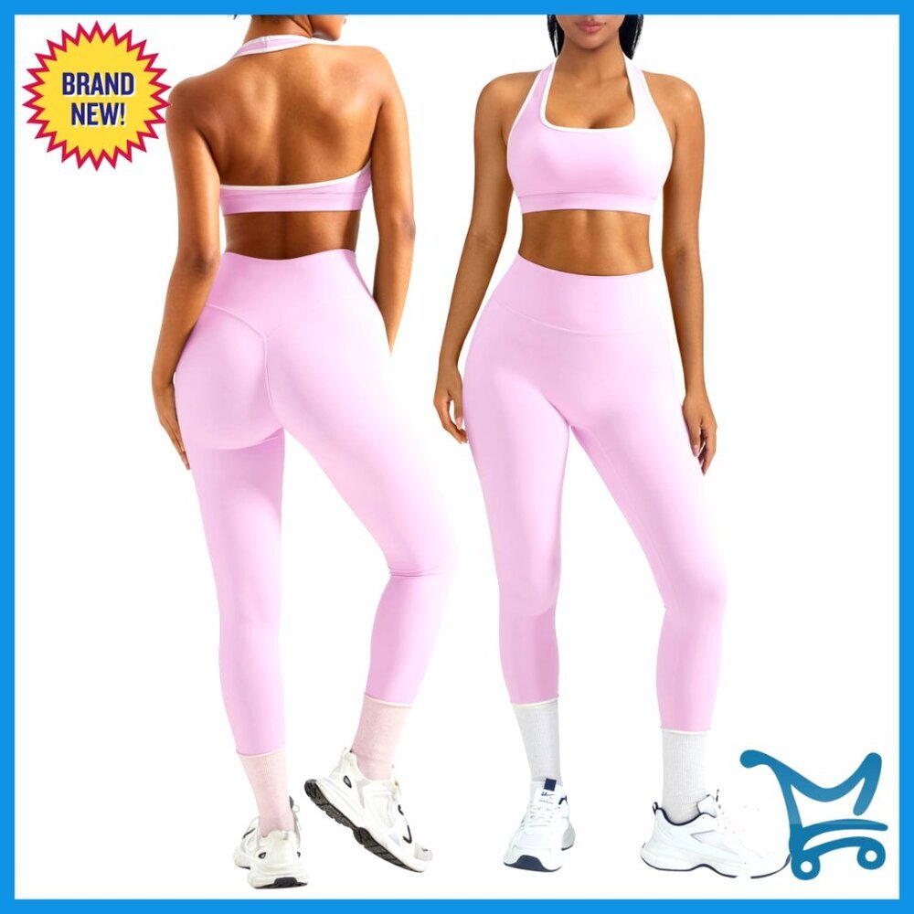 Halter Sports Bra Scrunch Leggings Workout Set Medium Support High Waisted